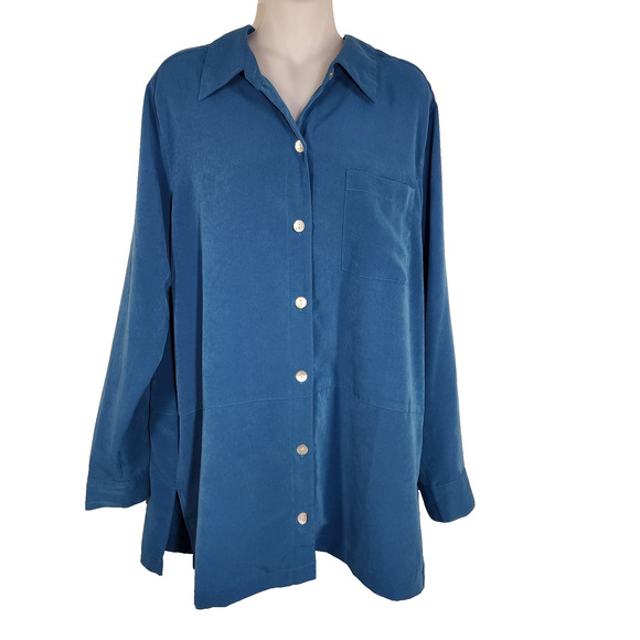 TravelSmith Womens Tunic Shirt Micro Suede Large Teal Blue Button Up Long Sleeve - Picture 1 of 10